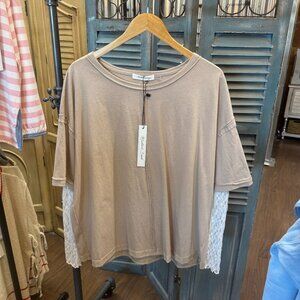 Mustard Seed White Lace Sleeve With Oversized Oatmilk Top